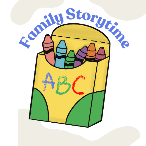 box of crayons and text Family Storytime