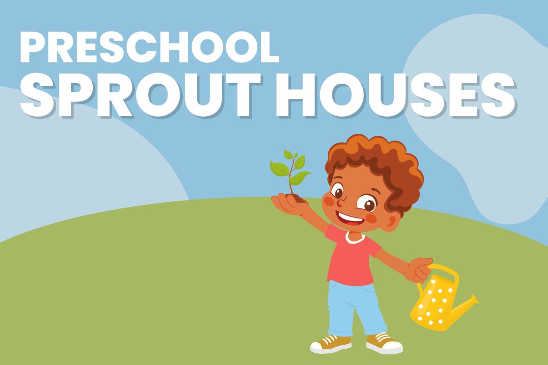 Text Preschool Sprout Houses with a little boy holding a plant sprout and a watering can