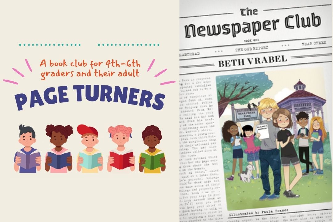 Book cover of The Newspaper Club by Beth Vrabel and the logo of Page Turners.