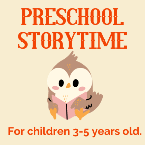 cartoon owl reading a book title says Preschool Storytime For children 3-5 years old.