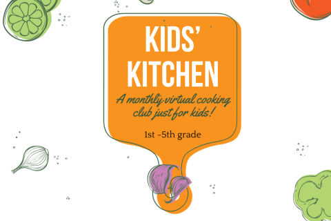 Text Kids' Kitchen on a cutting board with various veggies around