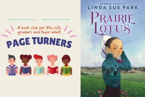 Book cover of Prairie Lotus by Linda Sue Park and the logo of Page Turners.