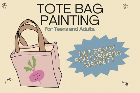 Tote bag pictured with a radish on the front and the pop up saying "get ready for farmers market"
