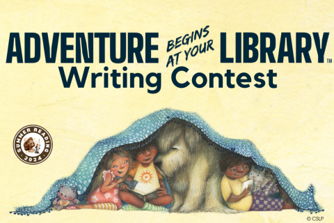 Adventure Begins at Your Library Writing Contest - children reading underneath a blanket with a large dog.