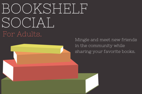 Bookshelf Social, featuring a stack of books of different sizes in the colors of green, red, orange and yellow. 