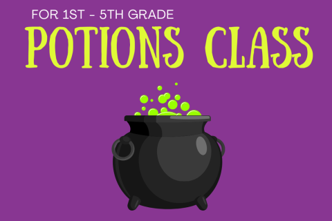 Text Potions Class for 1st-5th Grade with a black, bubbling cauldron at the bottom