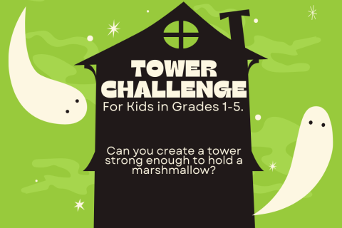 a green background with a tall, black spooky house with the text, "Tower Challenge." Ghosts also appear floating near the home.