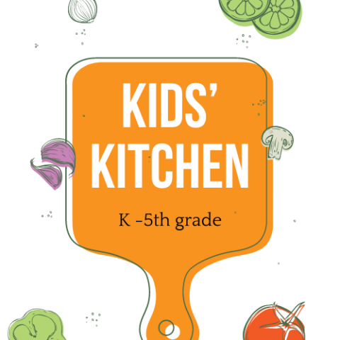 Text Kids' Kitchen on a cutting board with various veggies around