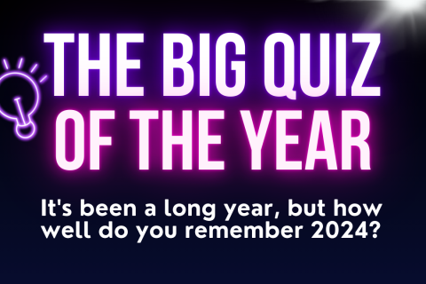 The Big Quiz of the Year in neon lettering against a dark background.