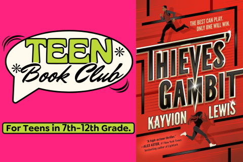 Teen Book Club in green and black text on the right side of the book cover for "Thieves' Gambit by Kayvion Lewis.