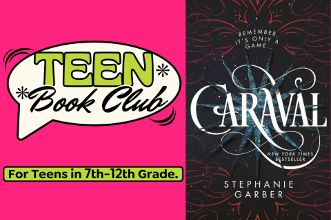 Teen Book Club logo on the left, with the book cover for Stephanie Garber's "Caraval" on the right.