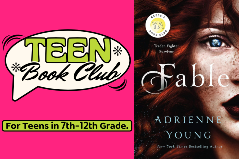 Teen book club logo on the left side and the cover for Adrienne Young's "Fable" on the left