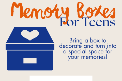 Orange handwritten font with the text "Memory boxes" over a cream back ground, above a dark blue box with a heart on top. 