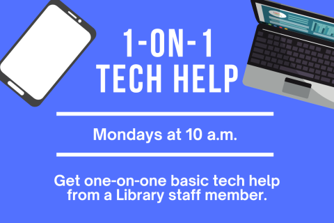 1 on 1 tech help white text on a blue background with a smartphone and computer on either side of it.