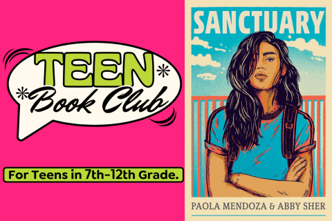Teen book club logo on the left, with the cover of "Sanctuary" on the right.
