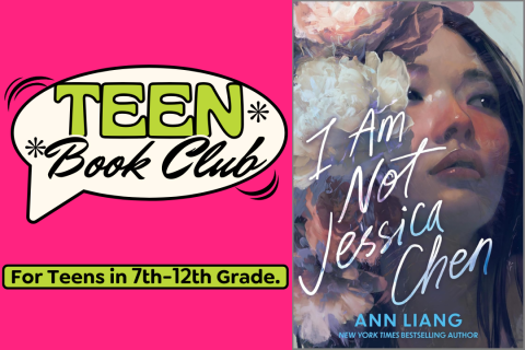 Teen book club logo on the left, with the cover of "I Am Not Jessica Chen" on the right.