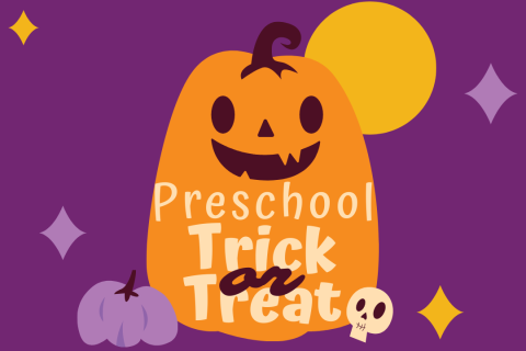 Preschool Trick or Treat text on an orange pumpkin that is against a purple background.