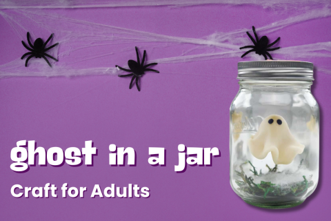 Ghost in a Jar craft on a purple background with spiders