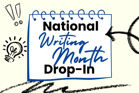 A white notepad on top of a cream colored background that has been scribbled on. The text says "National Writing Month Drop-In" 