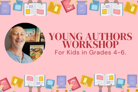 Pink background with photos of hands holding books lining the top and the bottom. Text says "Young Authors Workshop" 