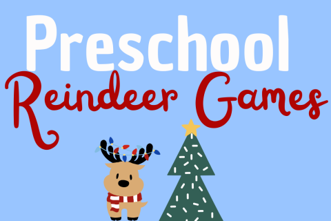Reindeer with a tree and the text Preschool Reindeer Games