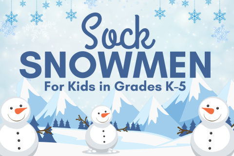 Sock Snowmen blue font over blue wintery background with three snowmen on the bottom.