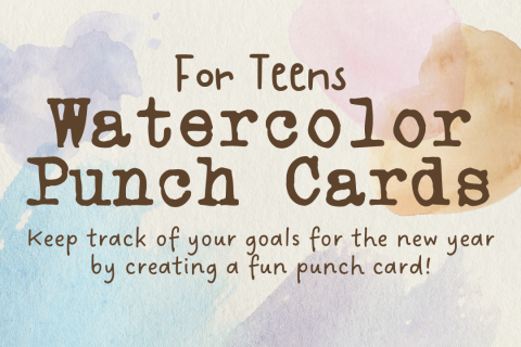 Watercolor Punch Cards in brown typewriter font on a water color background