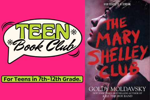 Teen book club logo on the left, with the cover of Goldy Moldavsky's The Mary Shelley Club