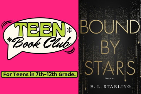Teen book club logo on the left, with the cover of E. L. Starling's Bound By Stars on the right.