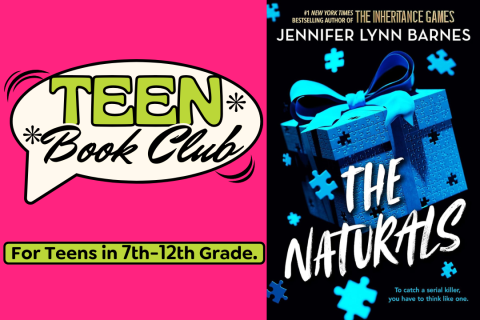 Teen book club logo on the left, with Jennifer Lynn Barnes' The Naturals cover on the right.