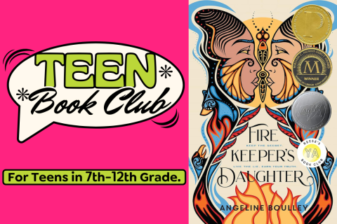 Teen book club logo on the left, with the cover of Firekeeper's Daughter on the right.