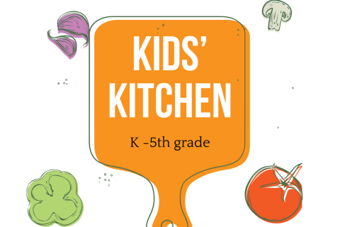 A picture of a cutting board with garlic, a tomato, a mushroom slice, and a pepper slice with the text Kids' Kitchen K-5th grade