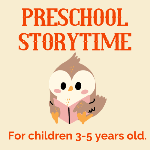 cartoon owl reading book titles says preschool storytime for children 3-5 years old.