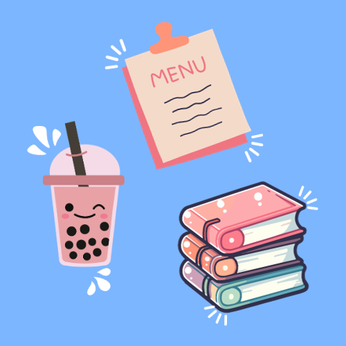 Illustration of boba, menu, and stack of books