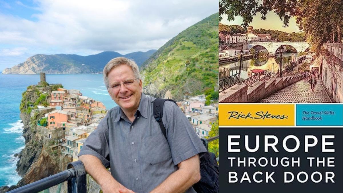 Photo of Rick Steves and his travel book on Europe