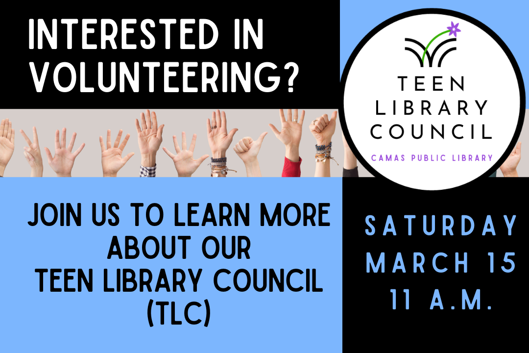 hands raised with text Interested in Volunteering for our Teen Library Council