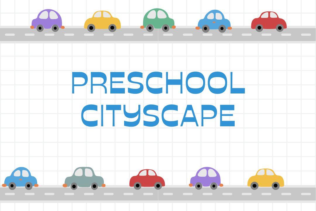 Preschool Cityscape with cartoon cars driving on a road