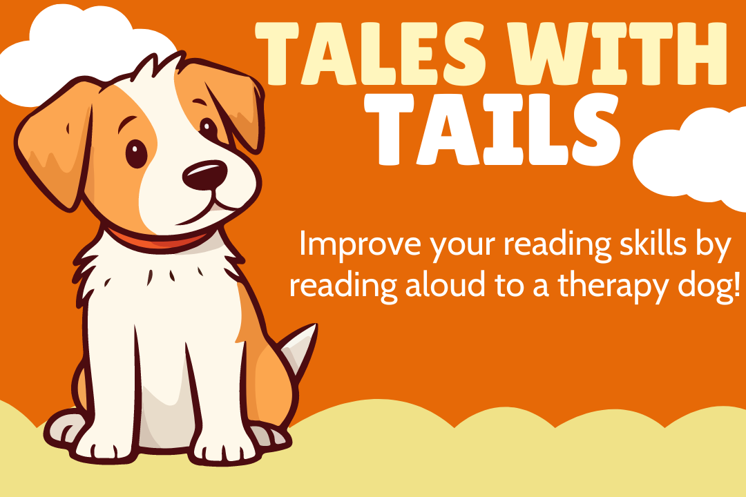 Dog standing in front of orange background with clouds. "Tales with Tails" as the text