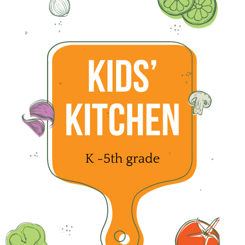 Text Kids' Kitchen on a cutting board with various veggies around