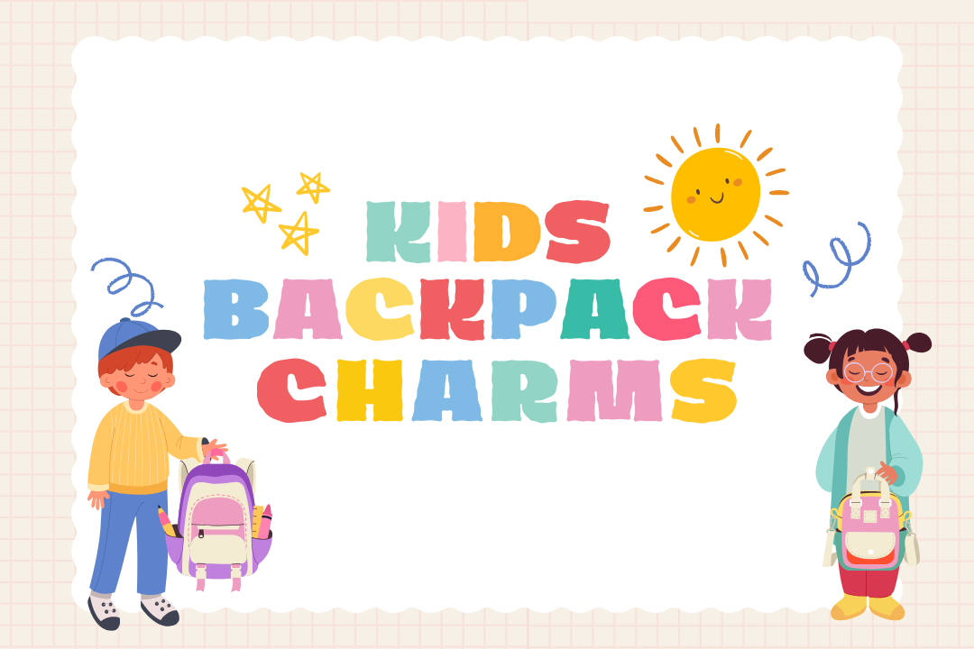 kids backpack charms, sunshine, two children with backpacks