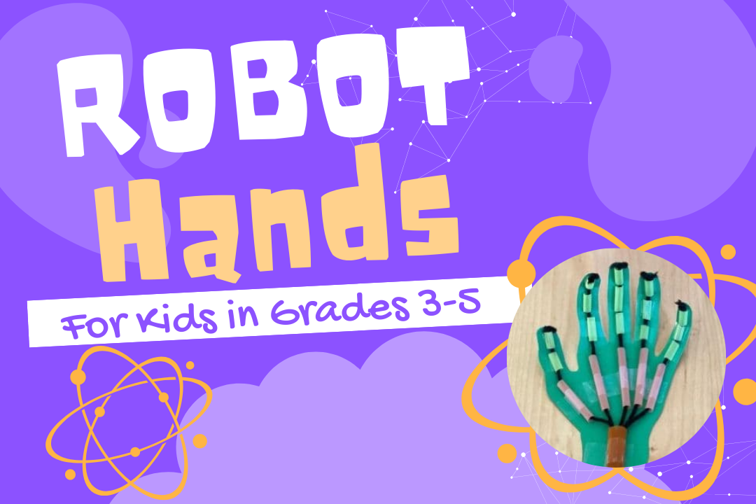 Purple, science-y background with a photo of a construction paper hand 